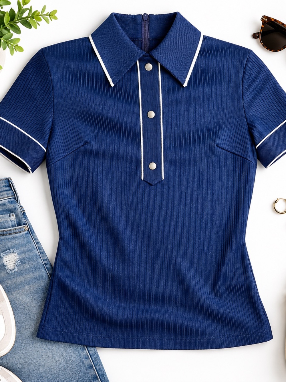 Vintage H.L. Green Navy Blue Ribbed Polo Top White Piping – Made in USA